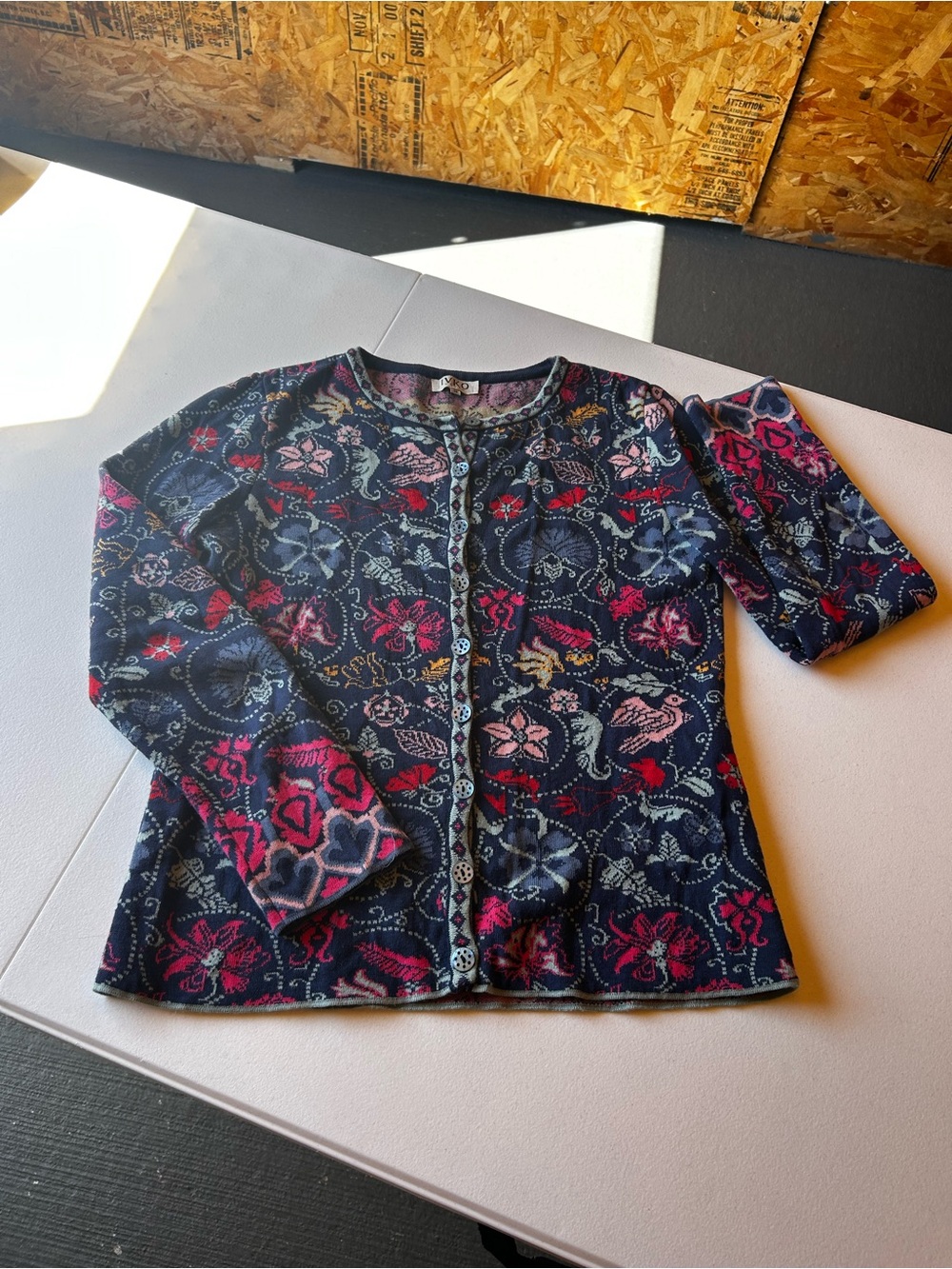 IVKO Navy Floral Patterned Button-Front Cardigan with Pink and Red Accents
